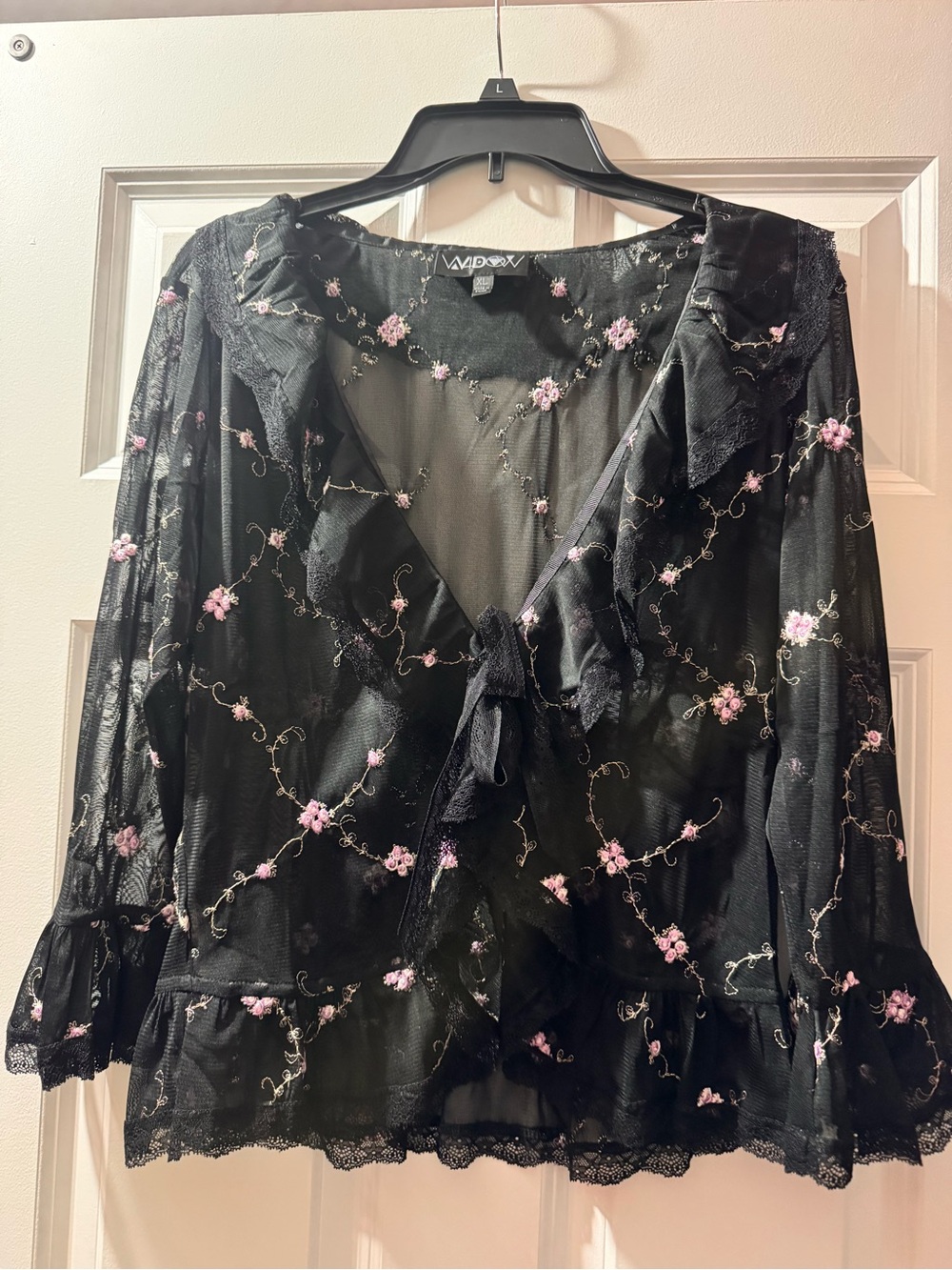 Dolls Kill tie front sheer black and floral top size XL